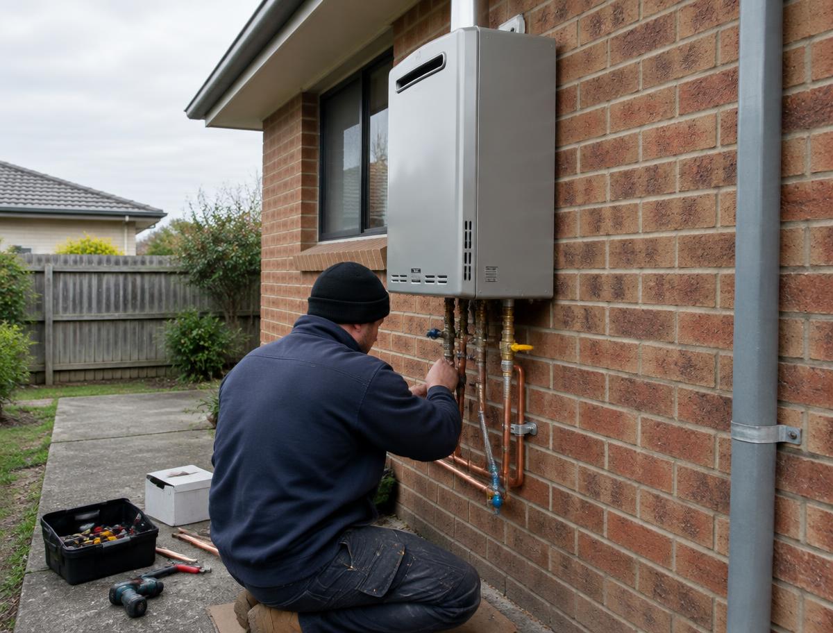 Plumber connecting copper pipework to a gas hot water system on a brick wall
